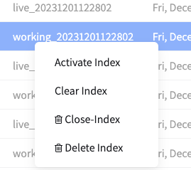 Right-click context menu on an inactive index.