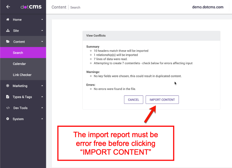 Preview the import and verify it is error free