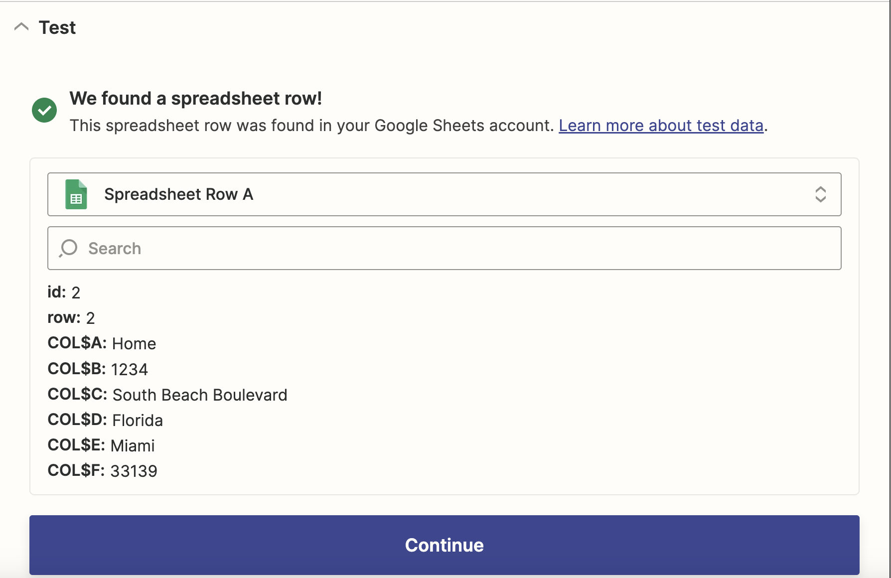 Zapier detects the spreadsheet content.