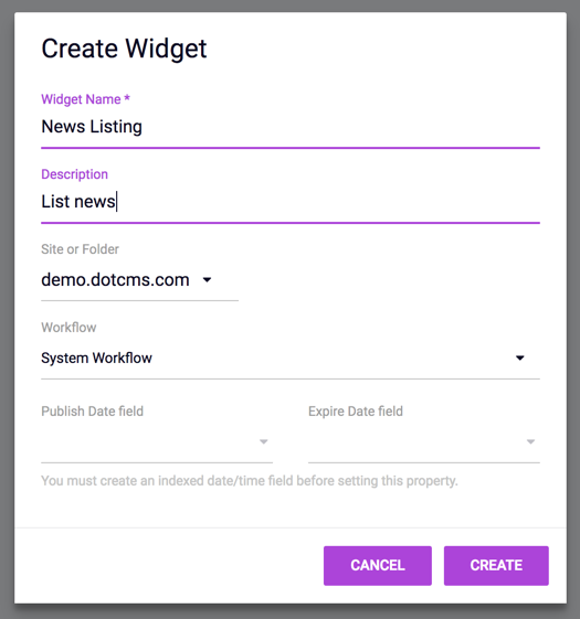 Widget Content Type Fields