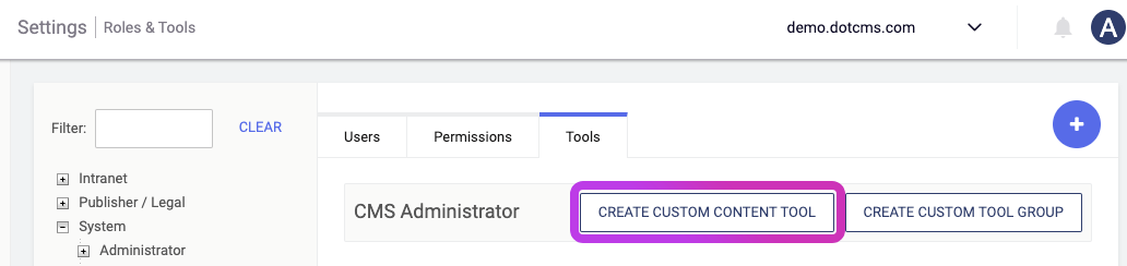 Create Custom Content Tool button location.