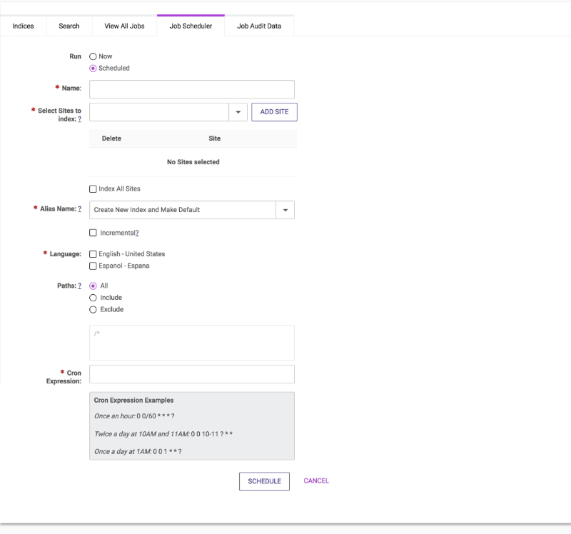 The Job Scheduler tab shows all scheduled Site Search jobs