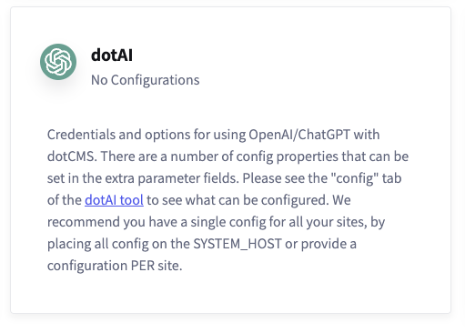 Screenshot of dotAI App card within dotCMS.