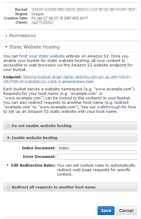 AWS S3 Static Website Hosting Screen