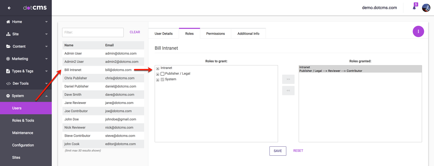 Screen Shot: Assigning Roles to Users