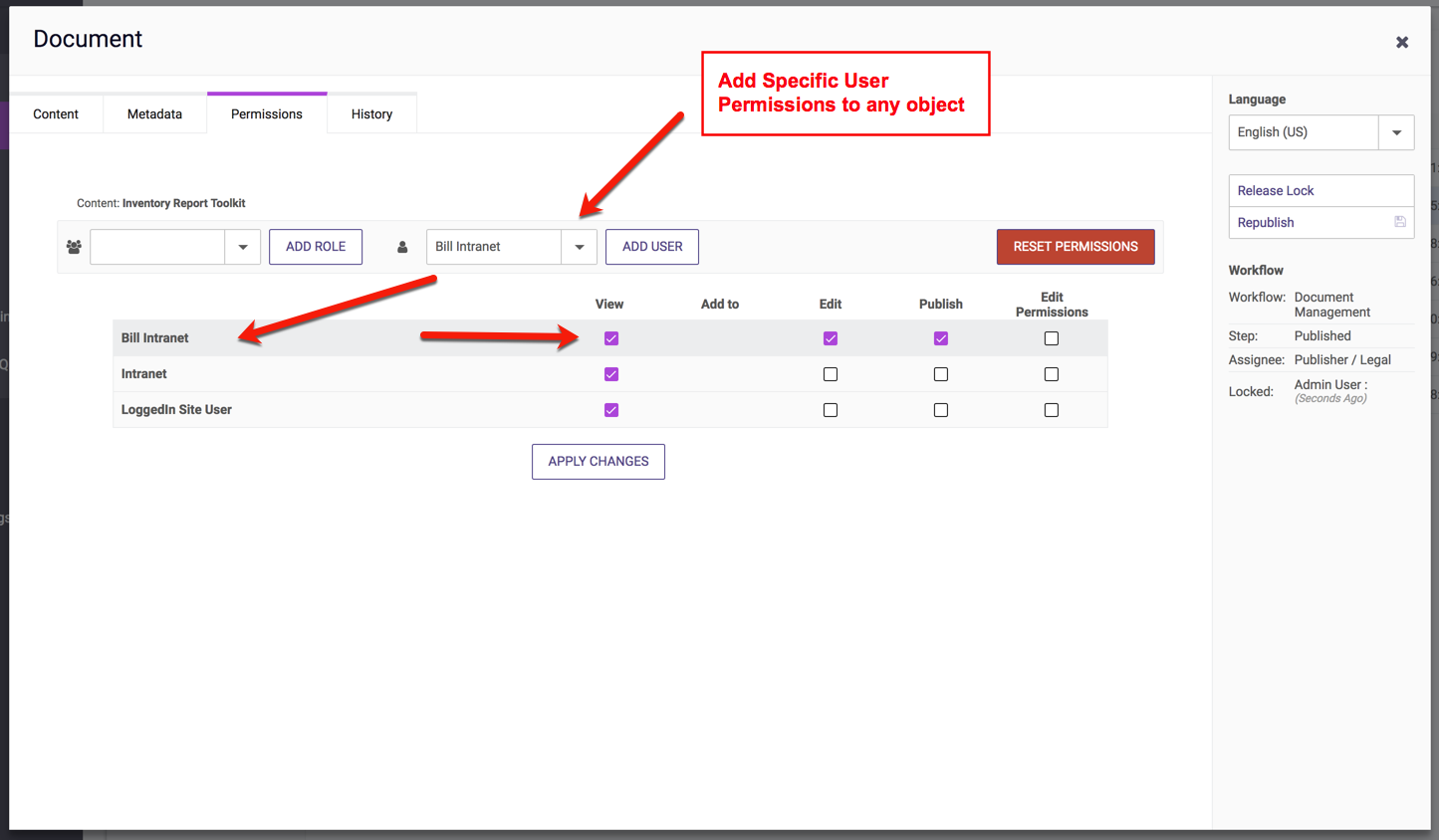 Screen Shot: Setting Individual User Permissions on an Object