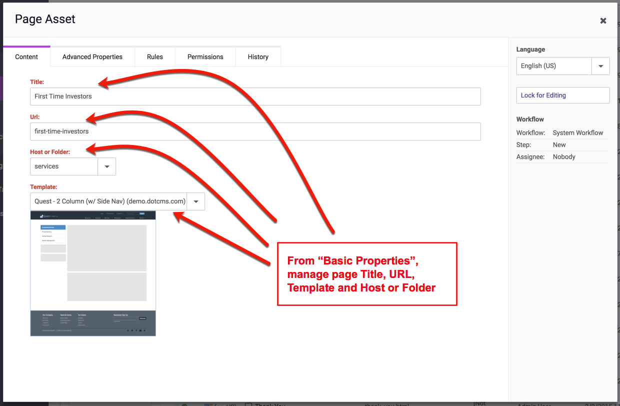 Based Properties available on a default Page Asset.