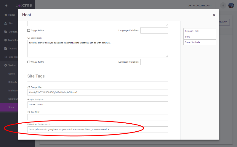 Copy and paste the shareable link into the Embedded Dashboard URL field
