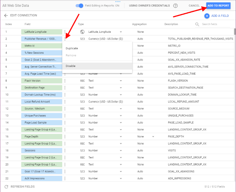 You may edit which fields are included or excluded from the data