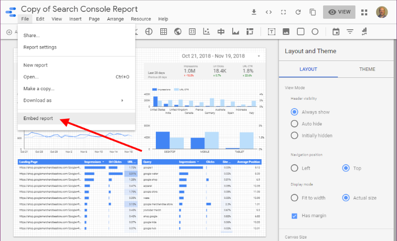 Select Embed Report from the File menu