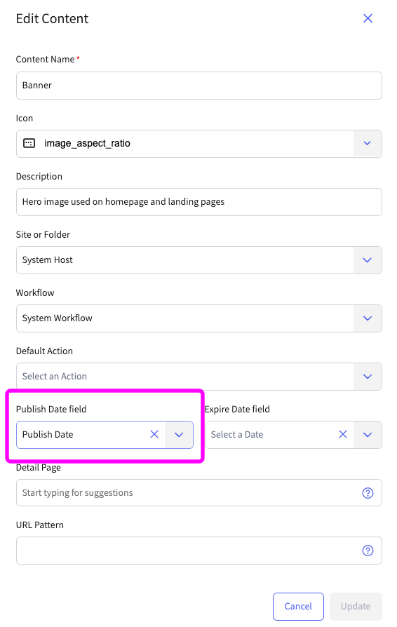 Publish Date selector in the Content Editor properties dialog.