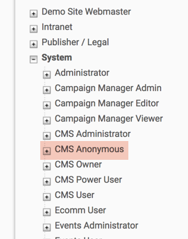 CMS Anonymous highlighted in the System Roles tree