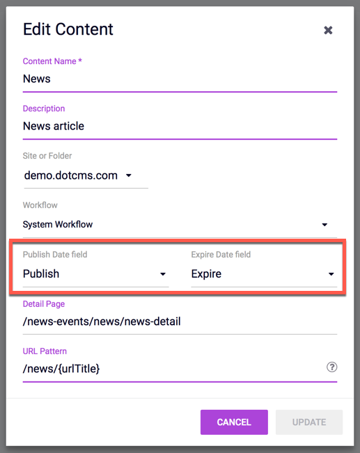 Publish and Unpublish Date Field properties